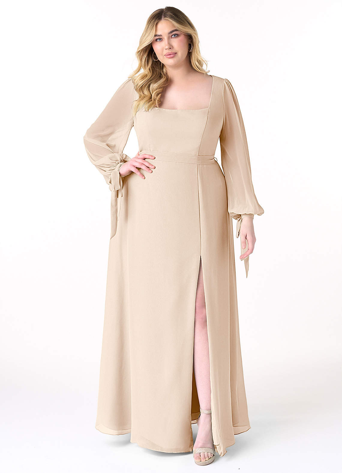Azazie Leonia Bridesmaid Dresses White Alabaster A-Line Long Sleeve Chiffon Dress image1