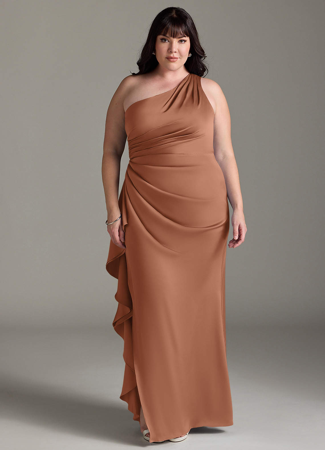 Azazie Latrice Bridesmaid Dresses Bronzer Sheath One Shoulder Cascading Ruffles Stretch Satin Dress image1