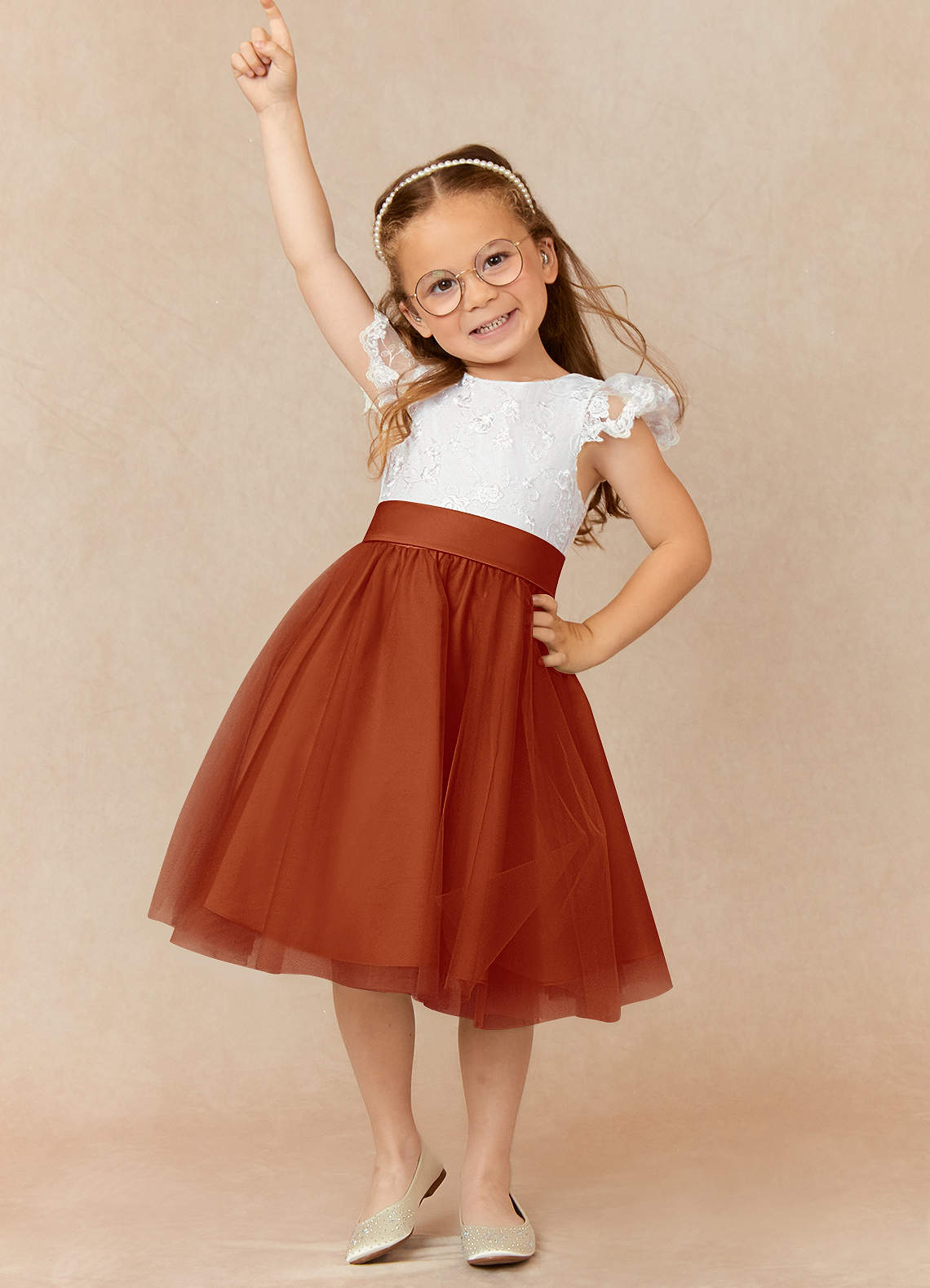 Azazie Vetty Flower Girl Dresses Ivory Paprika A-Line Lace Tulle Dress image1