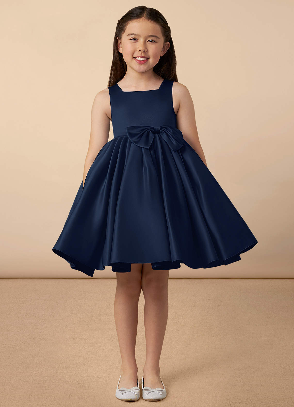 Azazie Bo Peep Flower Girl Dresses Dark Navy A-Line Bow Matte Satin Dress image1
