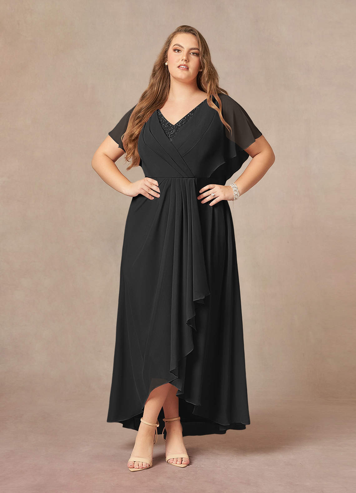 Azazie Eliza Mother of the Bride Dresses Black A-Line V-Neck Pleated Chiffon Dress image1