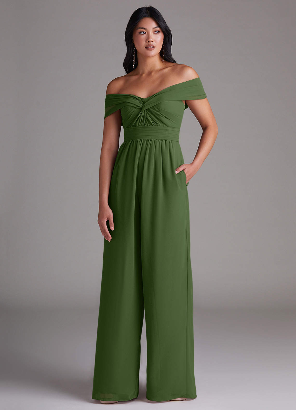 Azazie Lamara Jurken voor bruidsmeisjes Converteerbaar Jumpsuit van Chiffon Off the Shoulder Olijf image1