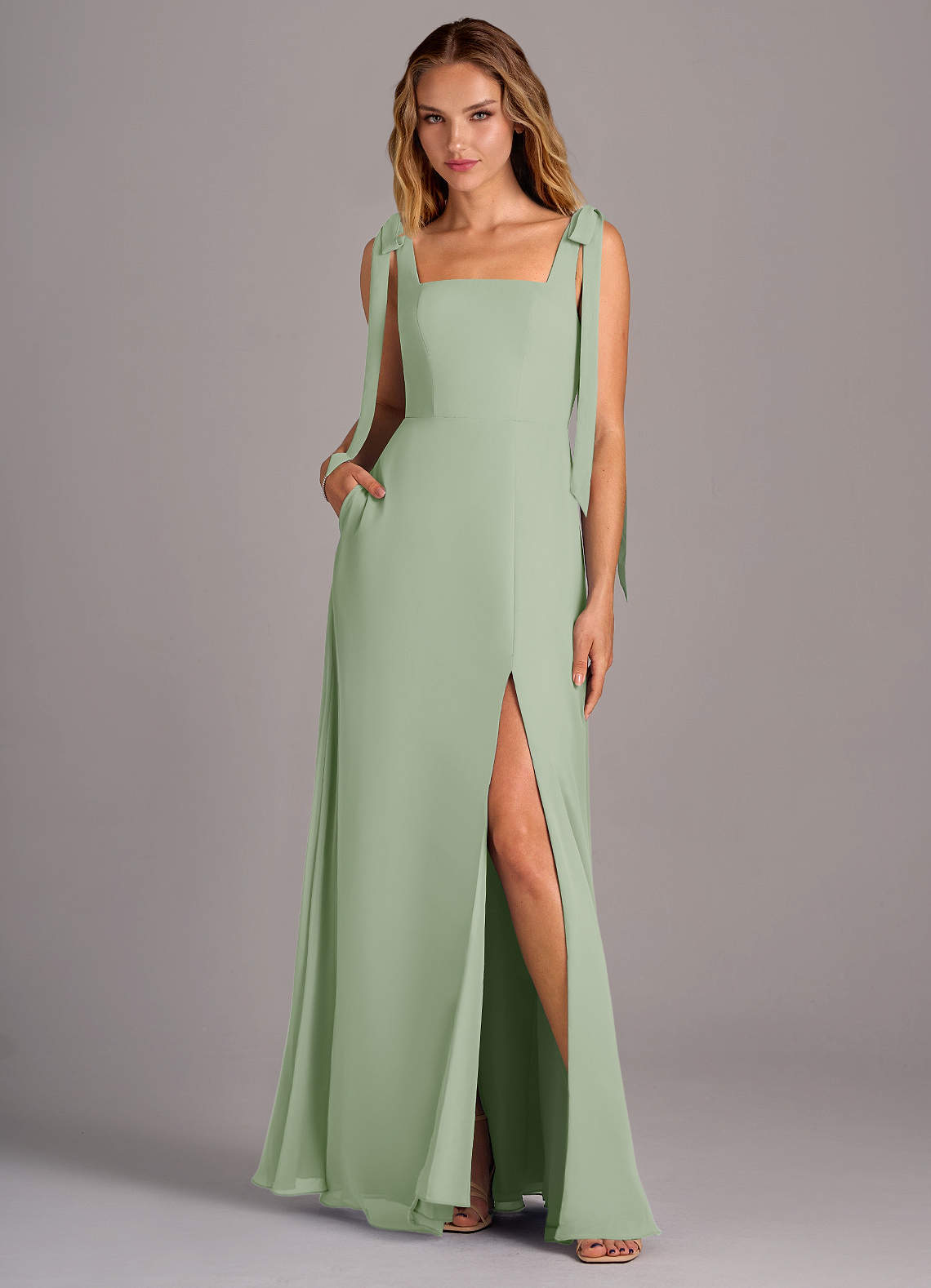 Azazie Debra Bridesmaid Dresses Dusty Sage A-Line with Pockets Chiffon Convertible Dress image1