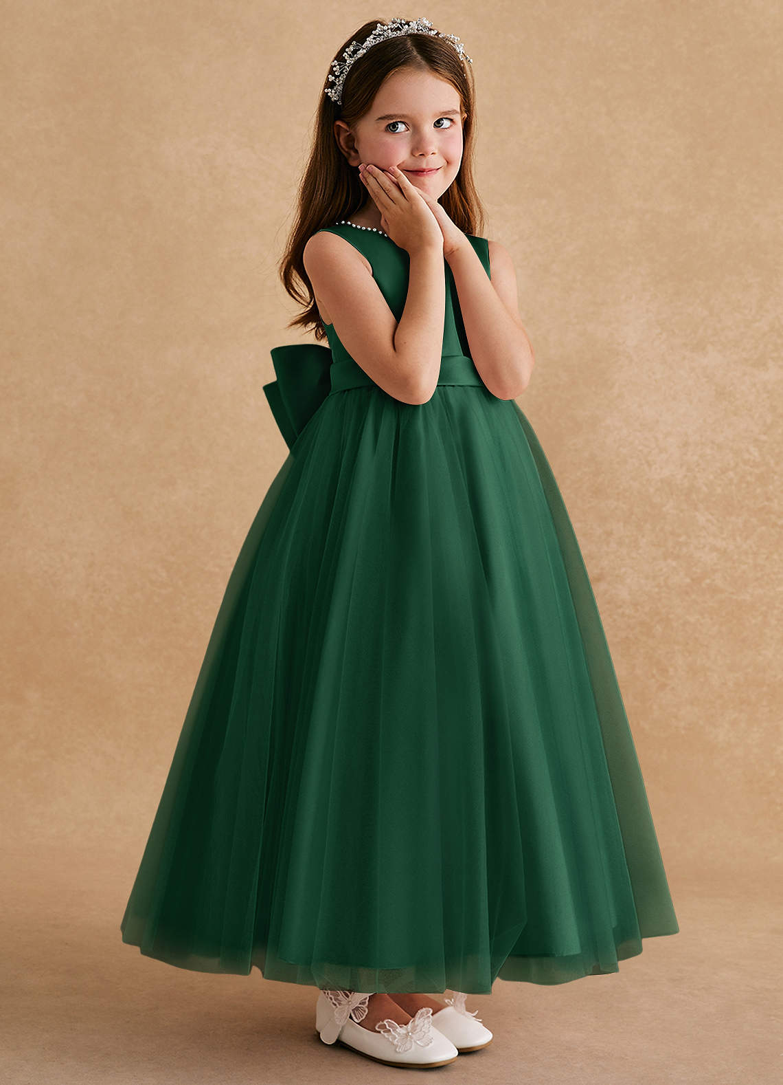 Azazie Cookie Flower Girl Dresses Dark Green A-Line Bow Tulle Dress image2