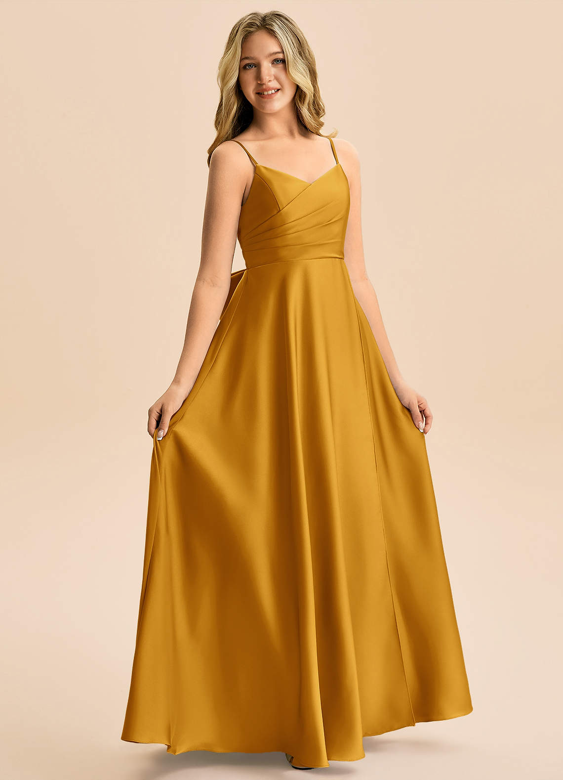 Azazie Rumi Junior Klä av A-Line i Stretch Satin Plisserad image4