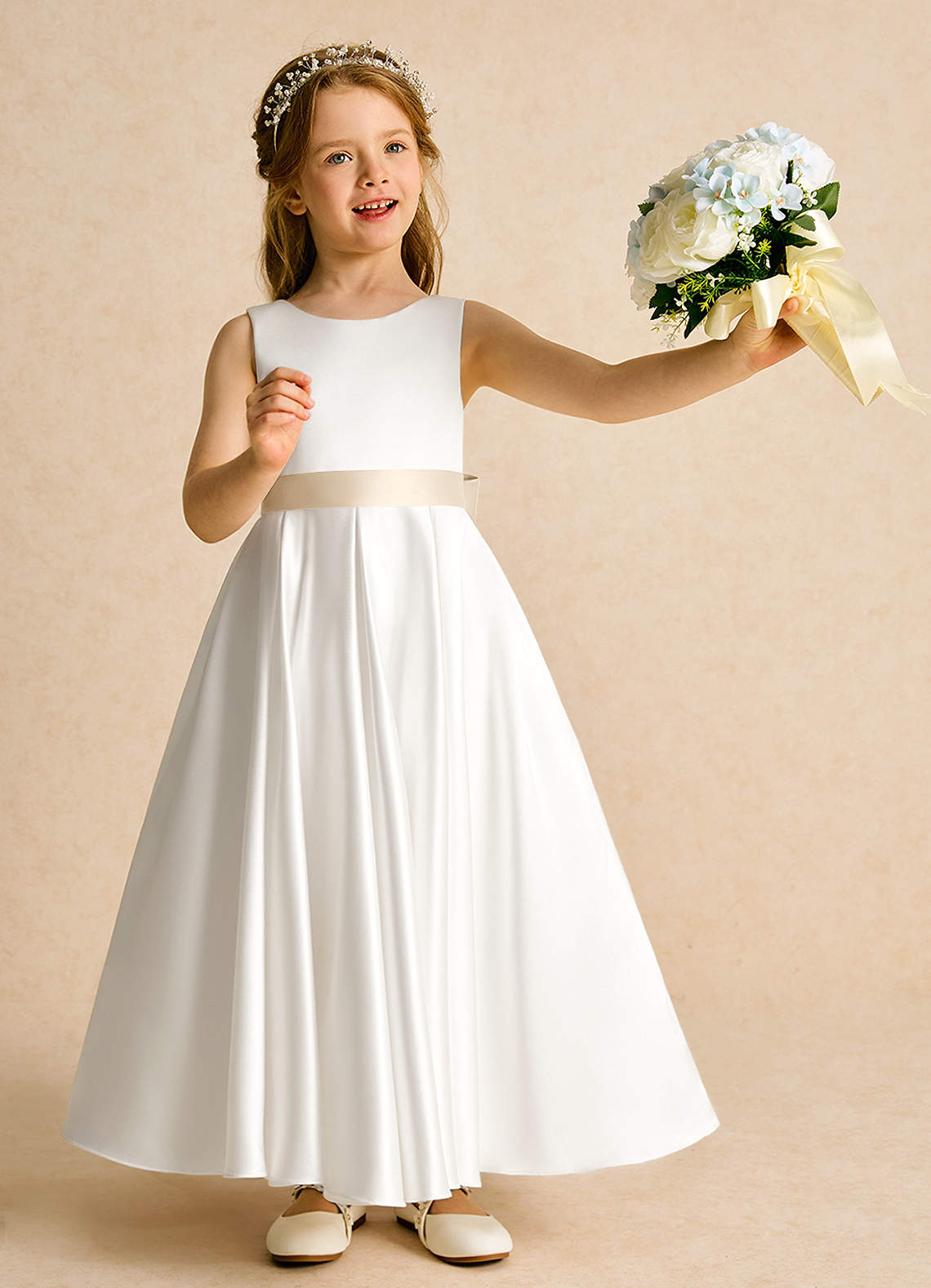 Azazie Cherry Flower Girl Dresses Ivory Champagne Ball-Gown Pleated Matte Satin Dress image1