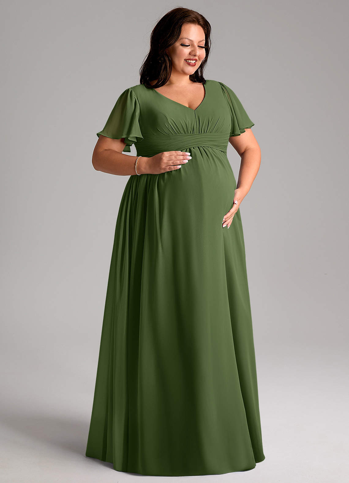 Azazie Verna vestidos de dama de honor de maternidad Vestido de Corte en A Cuello en V fruncido Hasta el suelo Gasa image9
