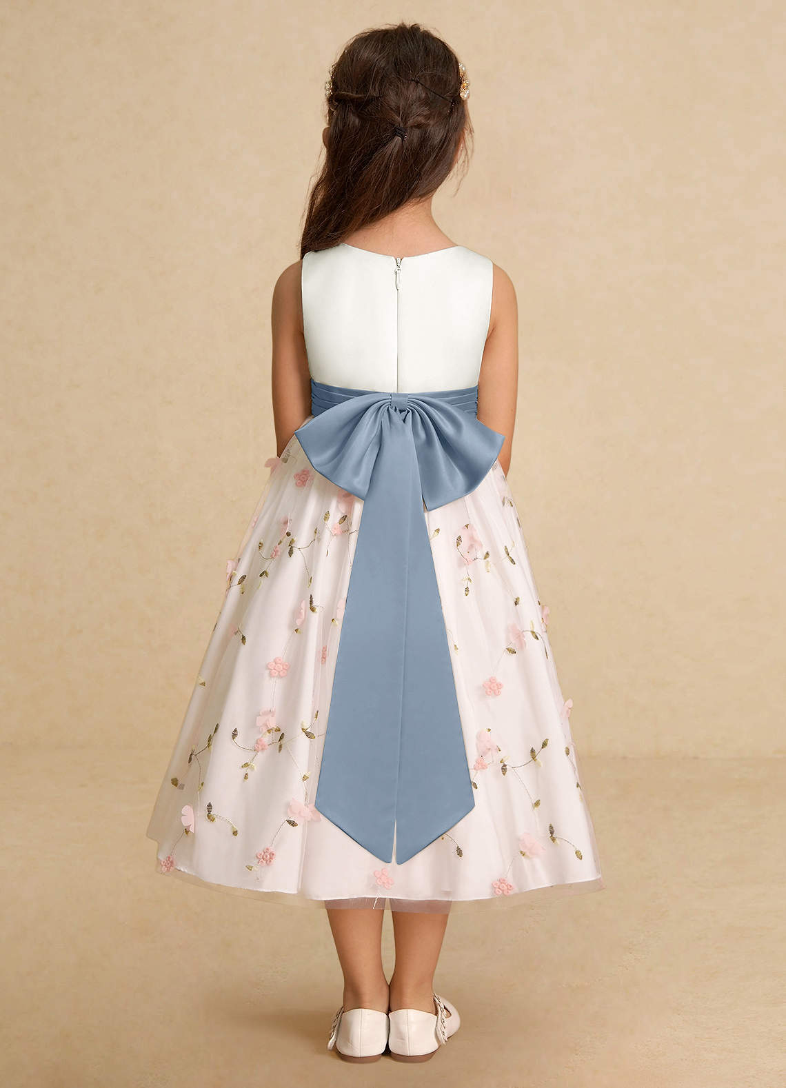 Azazie Pollie Flower Girl Dresses Blushing Pink Dusty Blue A-Line Bow Tulle Dress image5