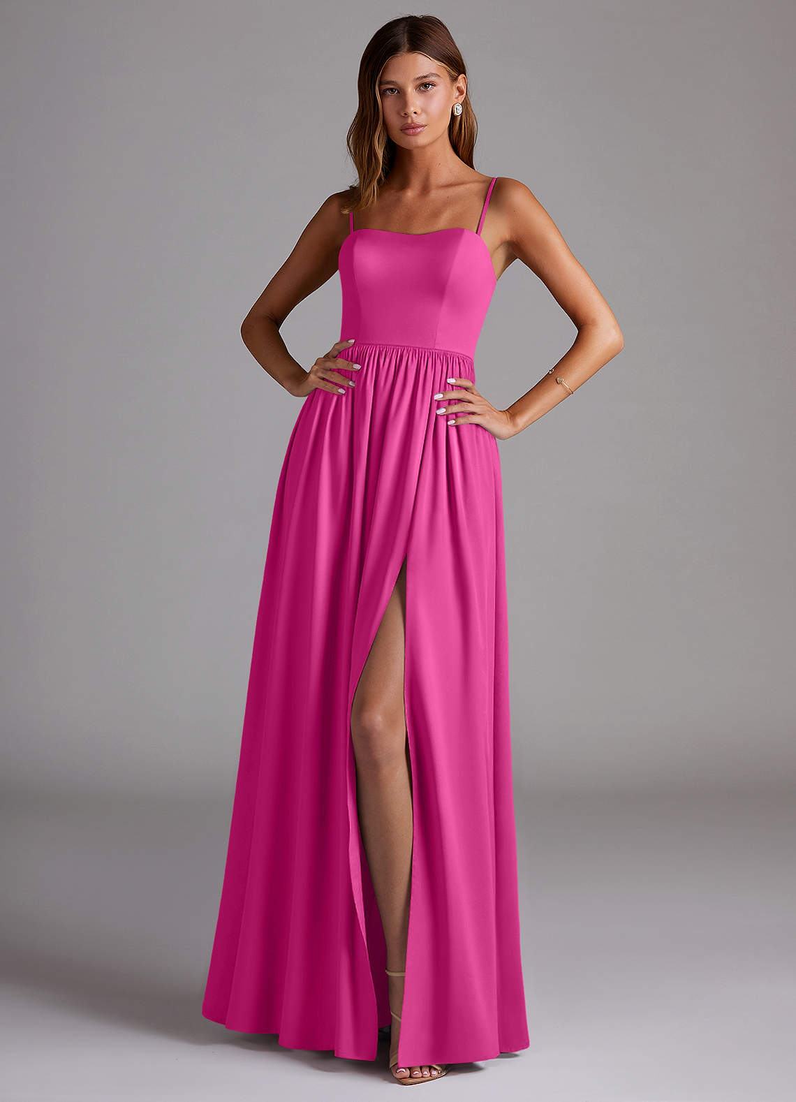 Azazie Calianna Bridesmaid Dresses Fuchsia A-Line Off the Shoulder Stretch Satin Convertible Dress image1