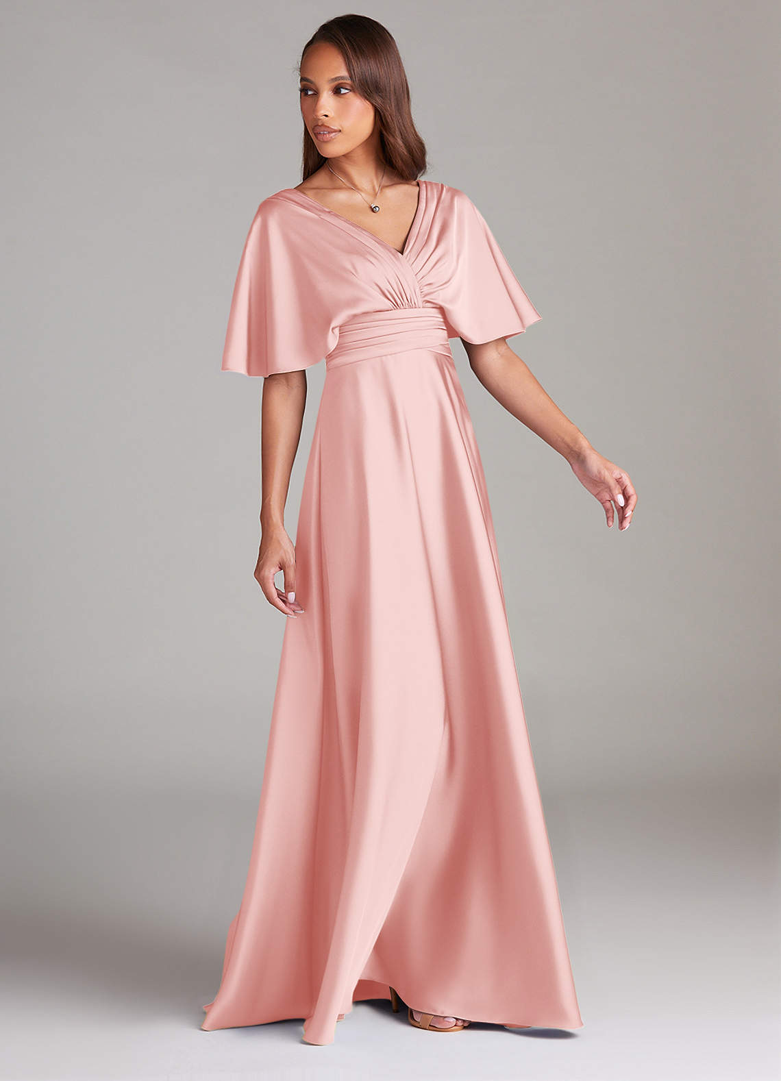Azazie Pamela Powder Pink Stretch Satin Bridesmaid Dresses