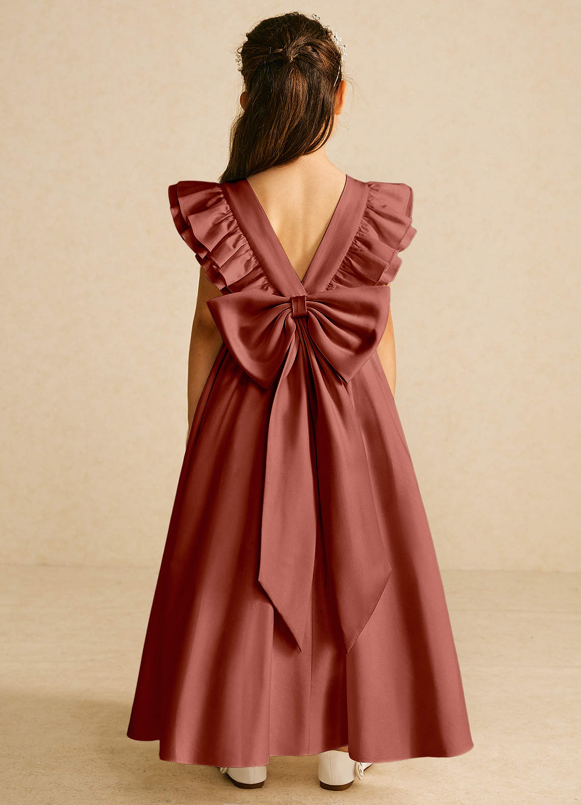 Azazie Piglette Flower Girl Dresses Auburn A-Line Bow Matte Satin Dress image1