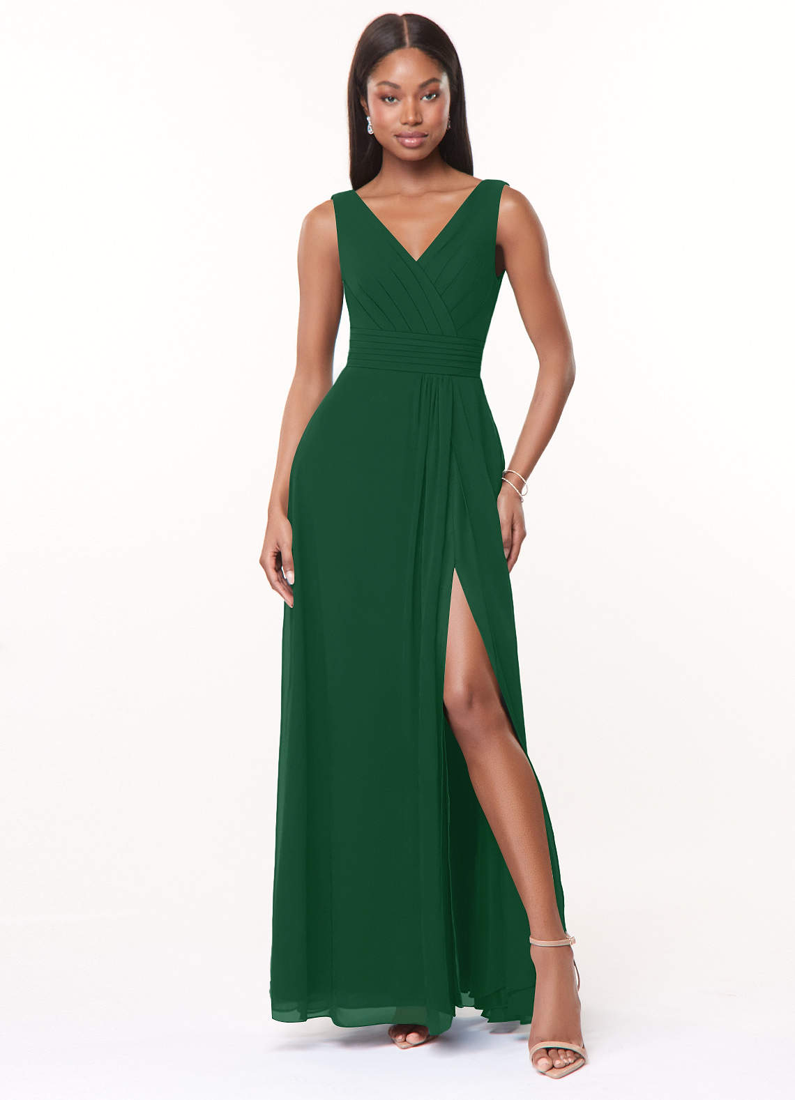 Azazie Karina Bridesmaid Dresses Dark Green A-Line Pleated Chiffon Dress image1