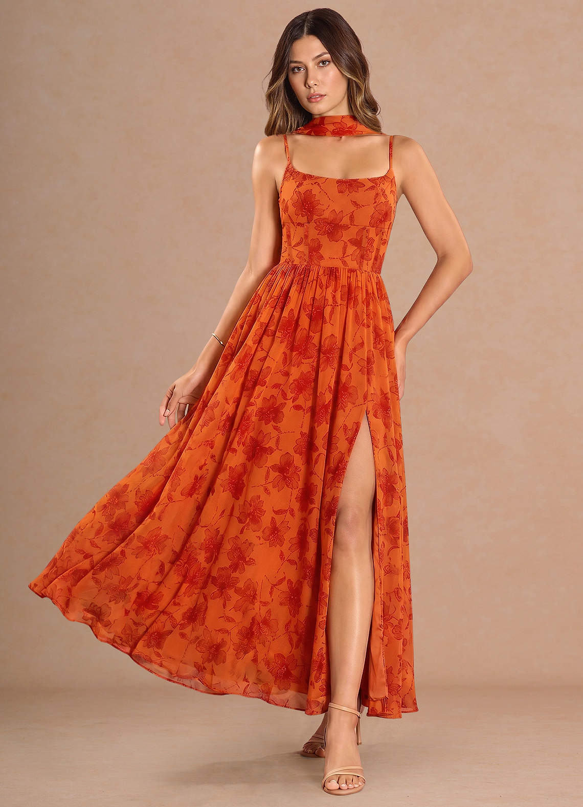 tangerine bridesmaid dresses AW.Bridal A-line Square Neckline Floor Length Long Sleeves Puff Sleeves Satin Split Long Bridesmaid Dresses Dress Tangerine Size 8