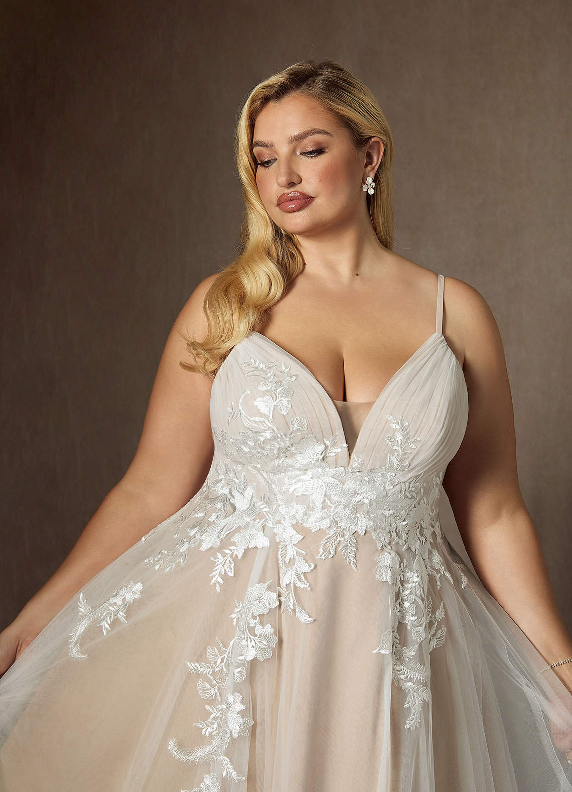 Azazie Rhodes Diamond White Nude A-Line V-Neck Sequins Tulle Dress