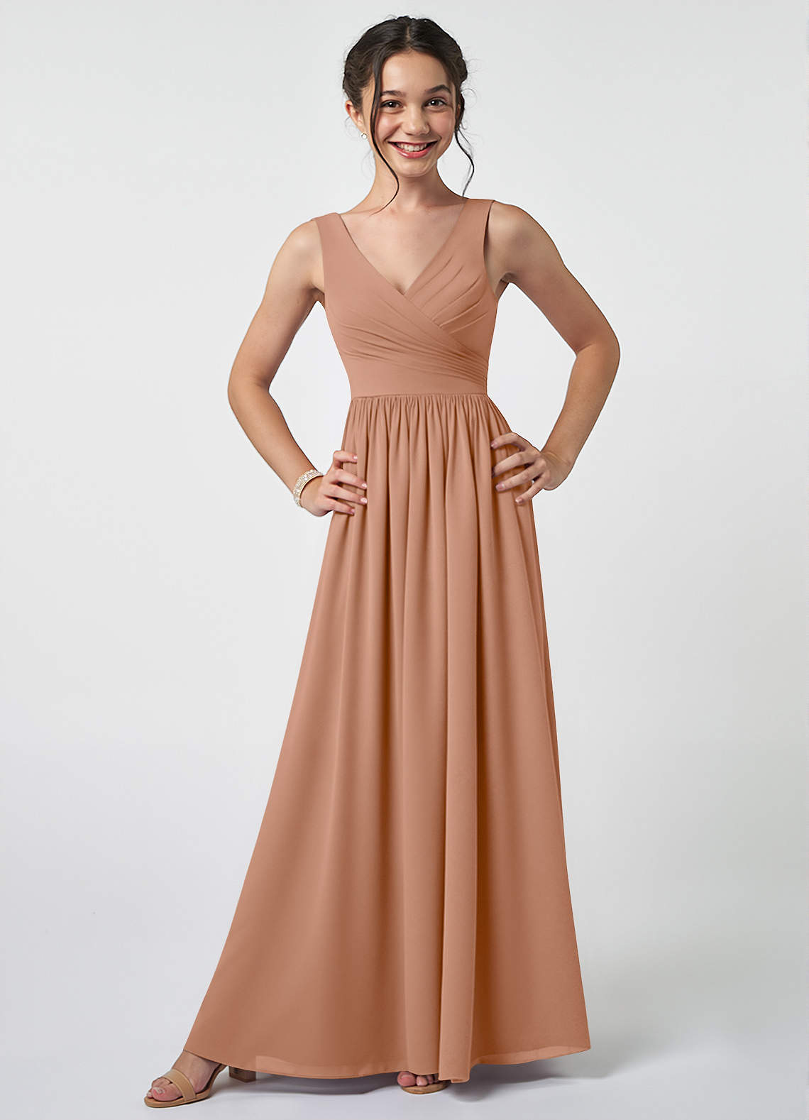 Azazie Keyla Junior Abito A-Line in Chiffon Plissettato Champagne Rosa image1