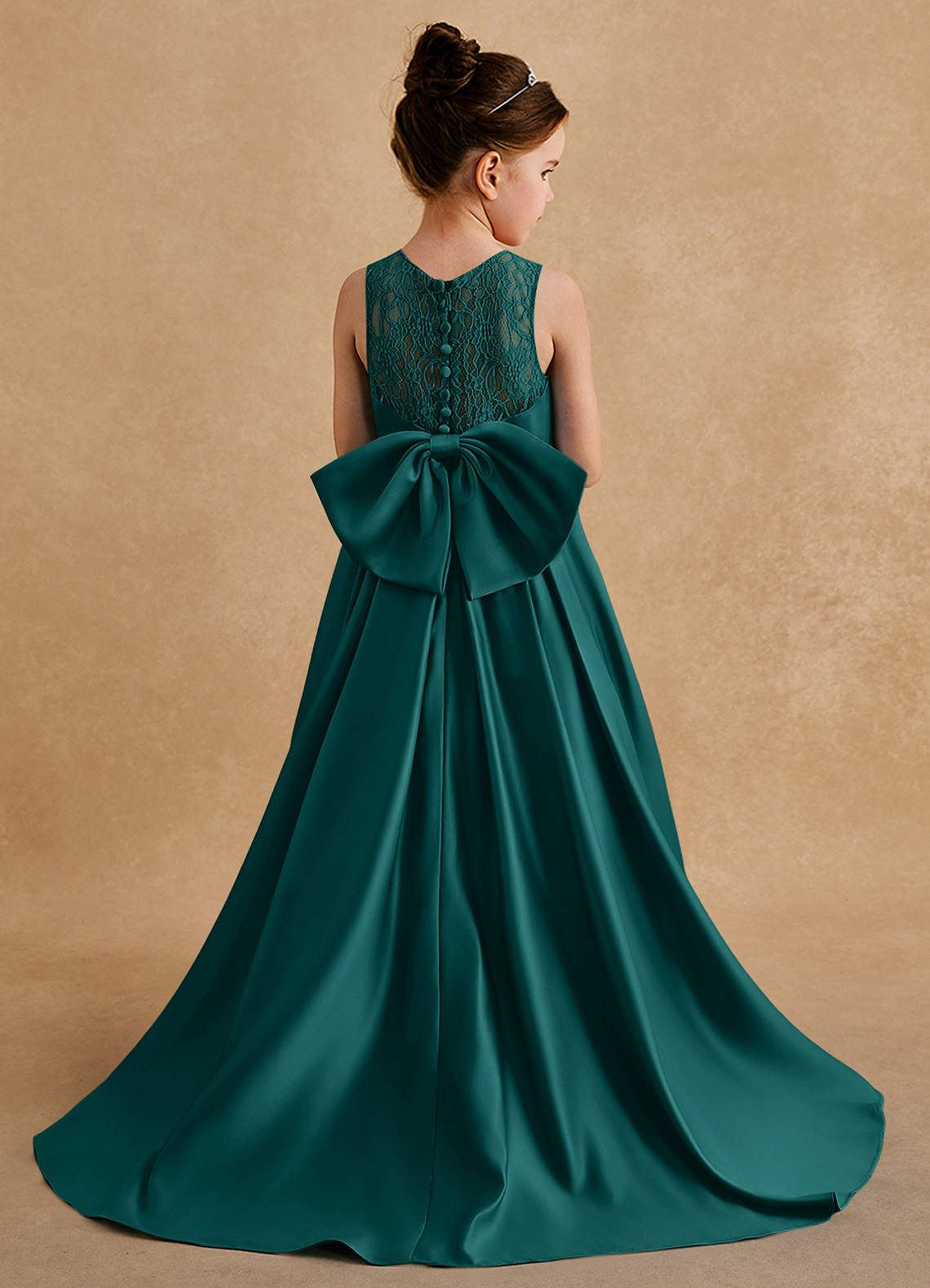 Azazie Sammy Flower Girl Dresses Peacock A-Line Lace Matte Satin Dress image1