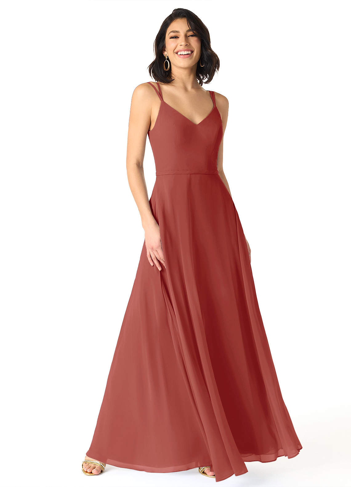 Azazie Janine Bridesmaid Dresses Terracotta A-Line V-Neck Chiffon Dress image1
