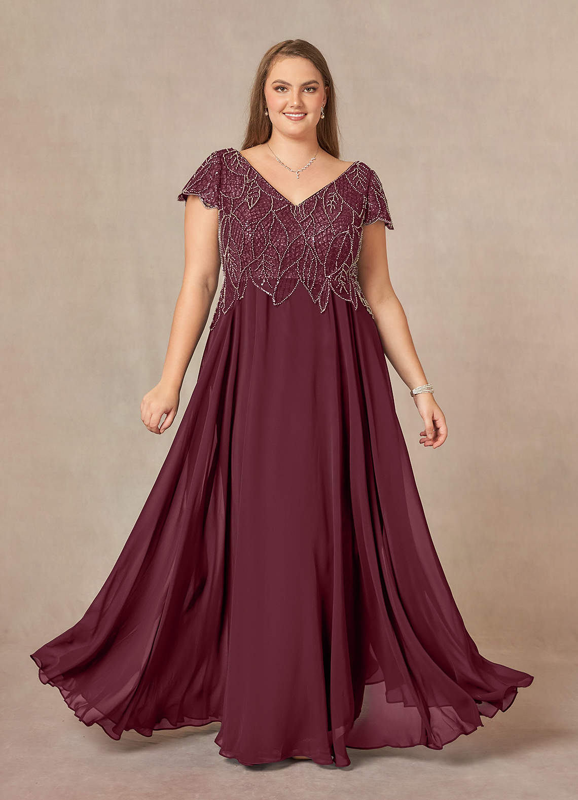 Azazie Eleanor vestidos de madre de la novia Vestido de Cabernet de Gasa de Corte En A con Lentejuela image6