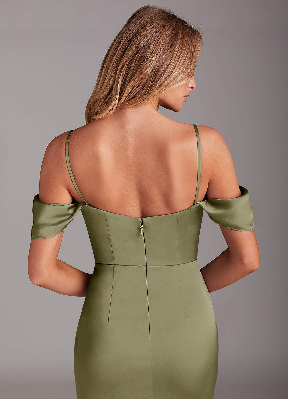 Azazie Saige Bridesmaid Dresses Pistachio Sheath Off the Shoulder Stretch Satin Dress image7