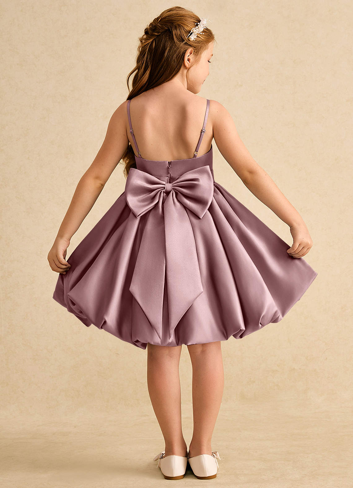 Azazie Davine Robe Demoiselle D'honneur Fillette Robe Trapèze en Mat Satiné Bretelle Spaghetti Rose Poussiéreuse image1