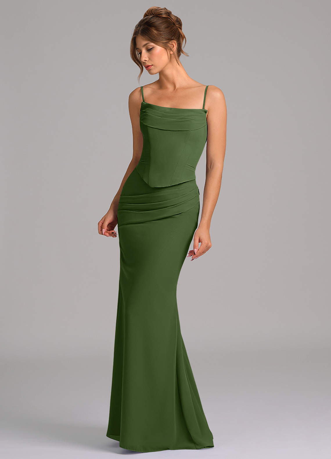 Azazie Sorrel Vestidos de madrinha de casamento Vestido Oliva de Chiffon de sereia com Espartilho image5