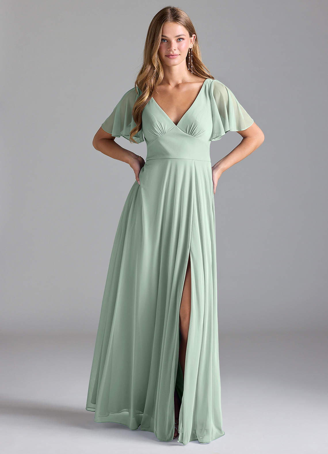 Azazie Kimber Bridesmaid Dresses Agave A-Line with Pockets Mesh Dress image1