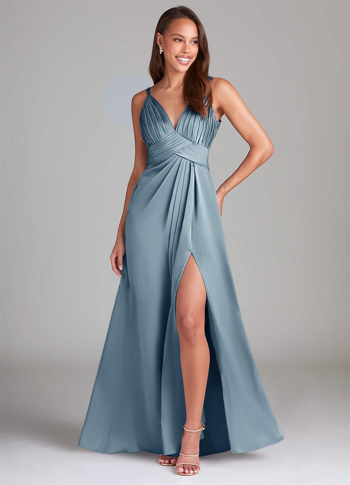 Azazie Maren Allure Abiti da Damigella Abito A-Line in Raso Elasticizzato Pizzo Blu Polveroso image1