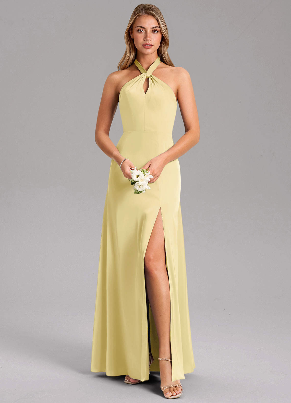 Azazie Tracie Bridesmaid Dresses Lemon Sorbet A-Line Side Slit Stretch Satin Dress image1