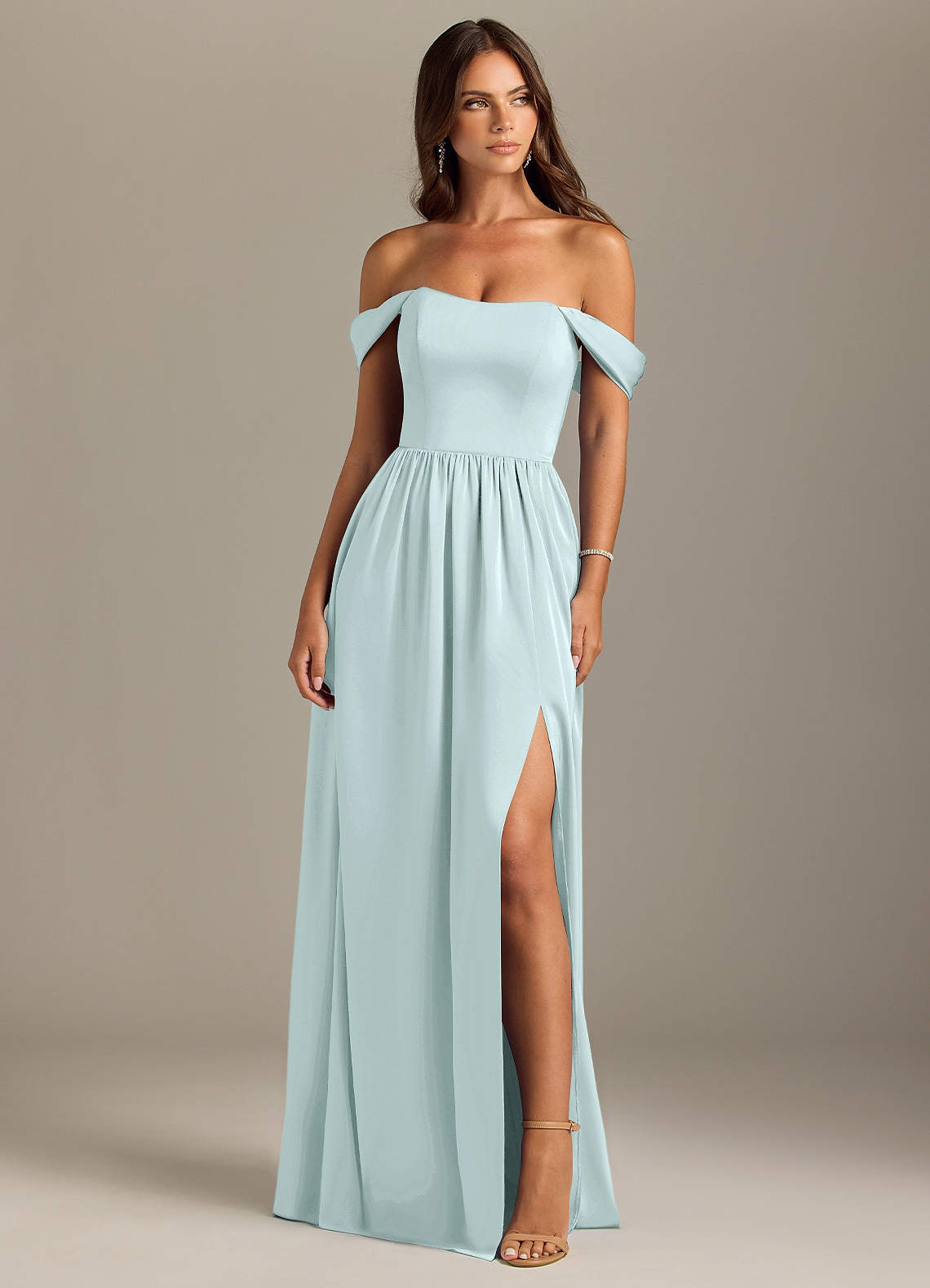 Azazie Calianna Bridesmaid Dresses Sea Glass A-Line Off the Shoulder Stretch Satin Convertible Dress image1