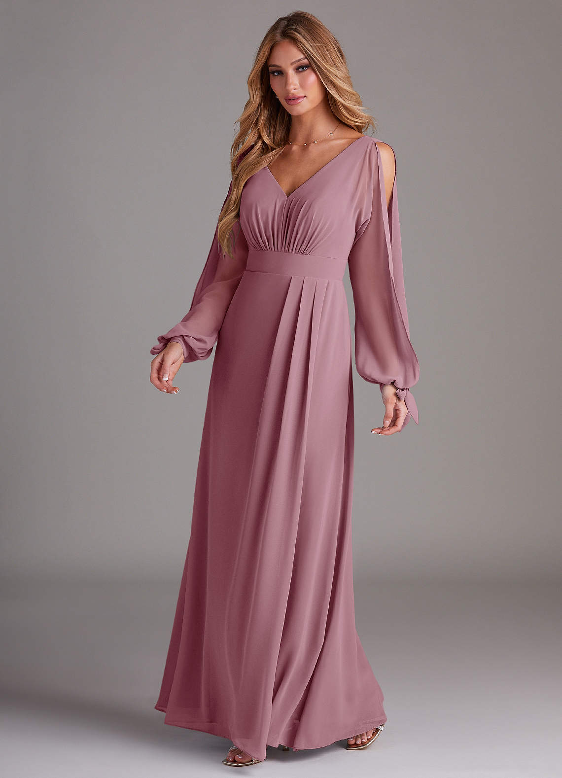 Azazie Matilda Bridesmaid Dresses Vintage Mauve A-Line Long Sleeve Chiffon Dress image1