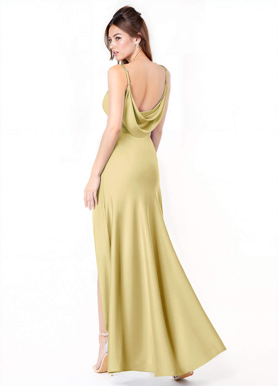 Azazie Alaija Bridesmaid Dresses Lemon Sorbet Mermaid Side Slit Stretch Satin Dress image1