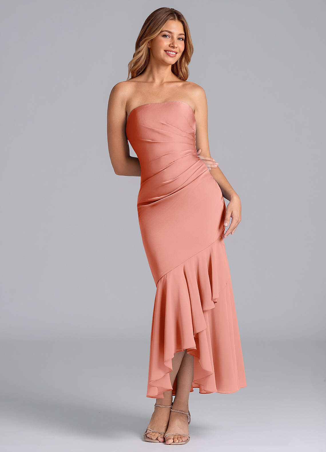 Azazie Danie Bridesmaid Dresses Coral Sheath Strapless Chiffon Dress image1
