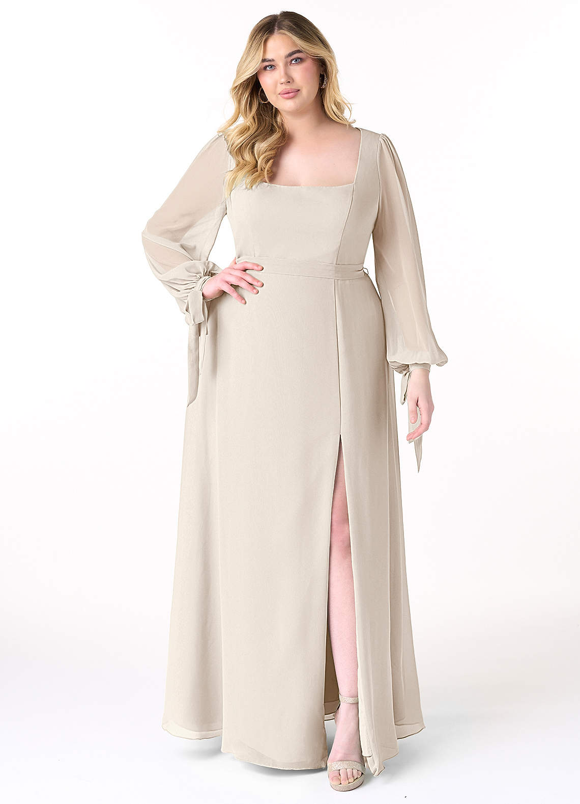 Azazie Leonia Bridesmaid Dresses White Alabaster A-Line Long Sleeve Chiffon Dress image1