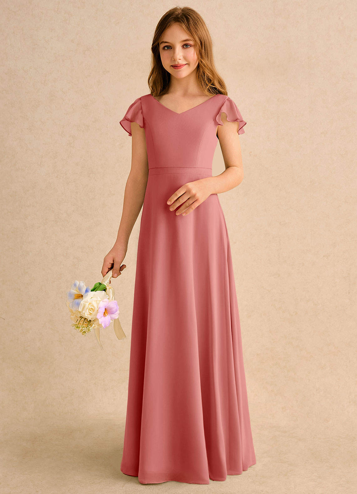 Azazie Nari Girls Formal Vestidos de florista Vestido Rosa Antiga de Chiffon de Linha A com com Mangas image3