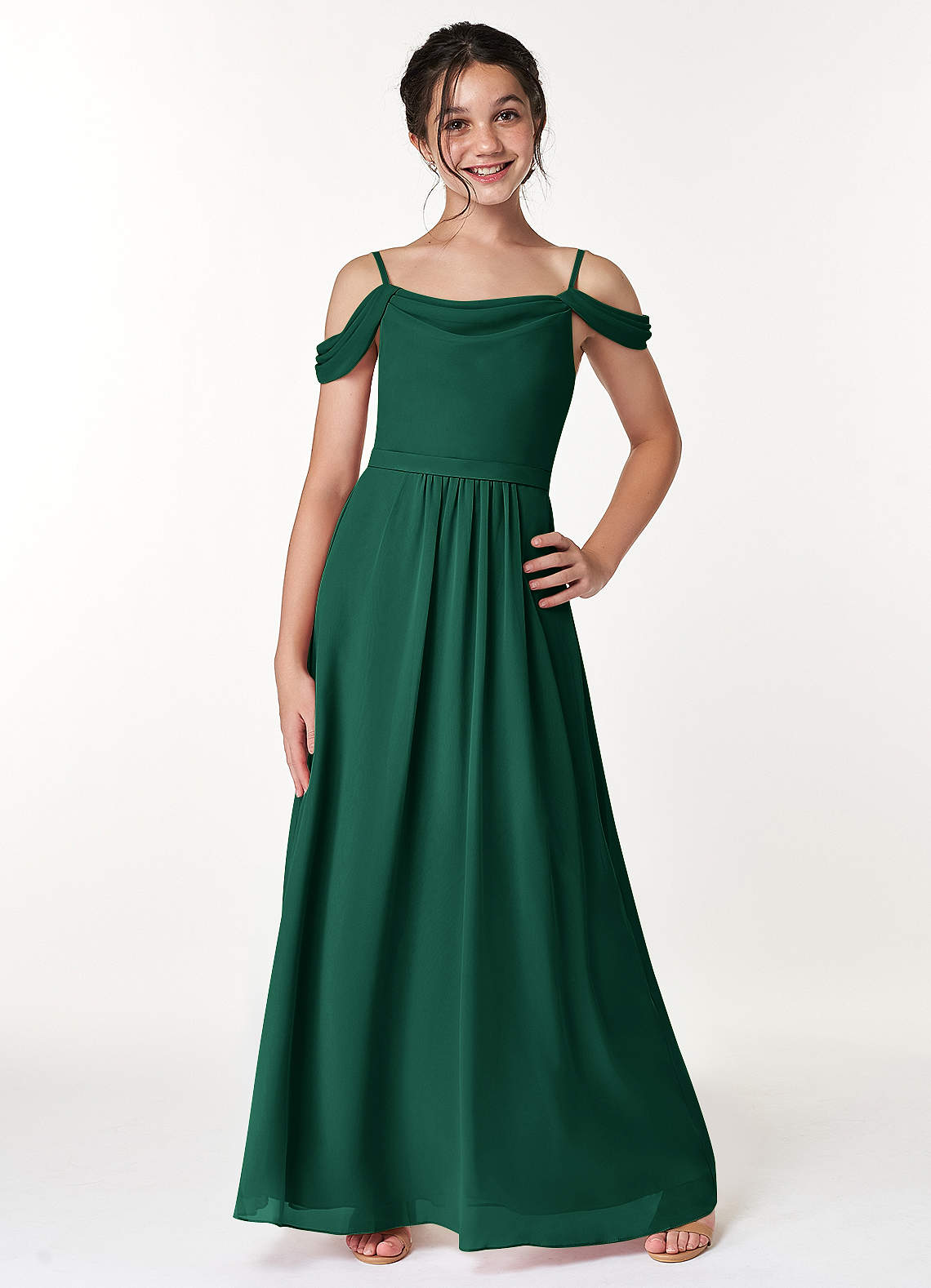 Azazie Alivia Junior Emerald A-Line Off the Shoulder Chiffon Dress image1