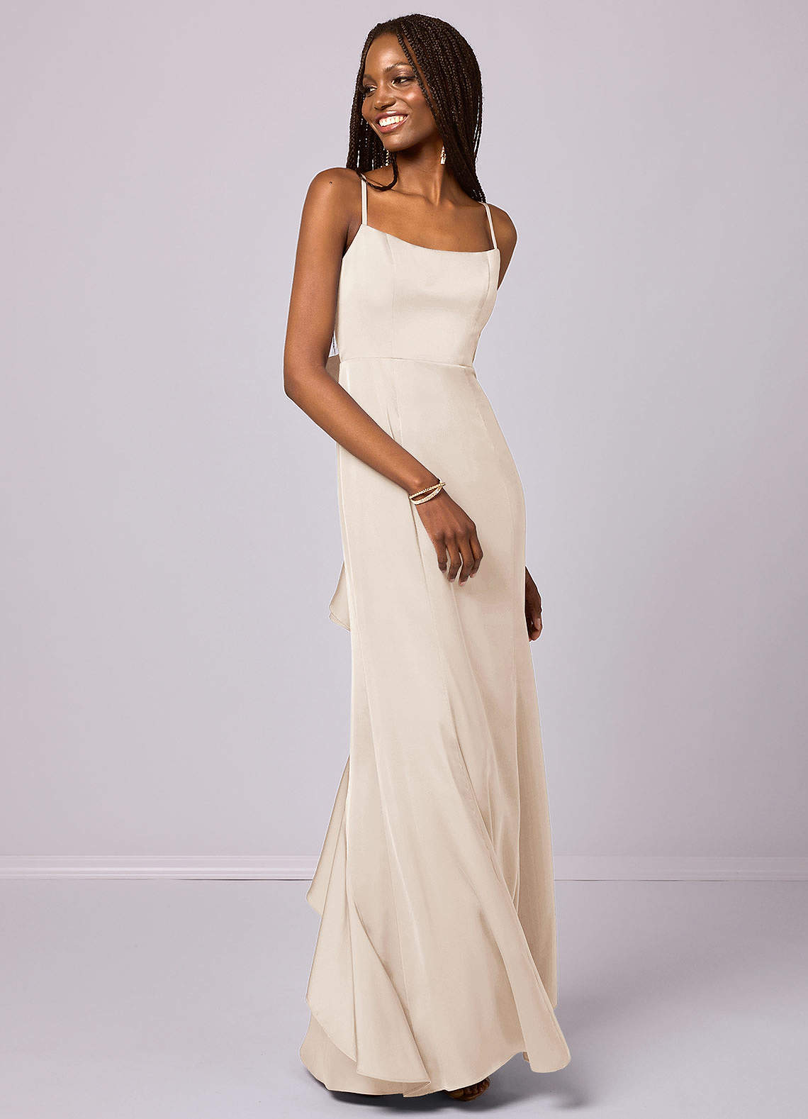 Barbie ♥ Azazie Bridesmaid Dresses White Alabaster Mermaid Bow Stretch Satin Dress image2