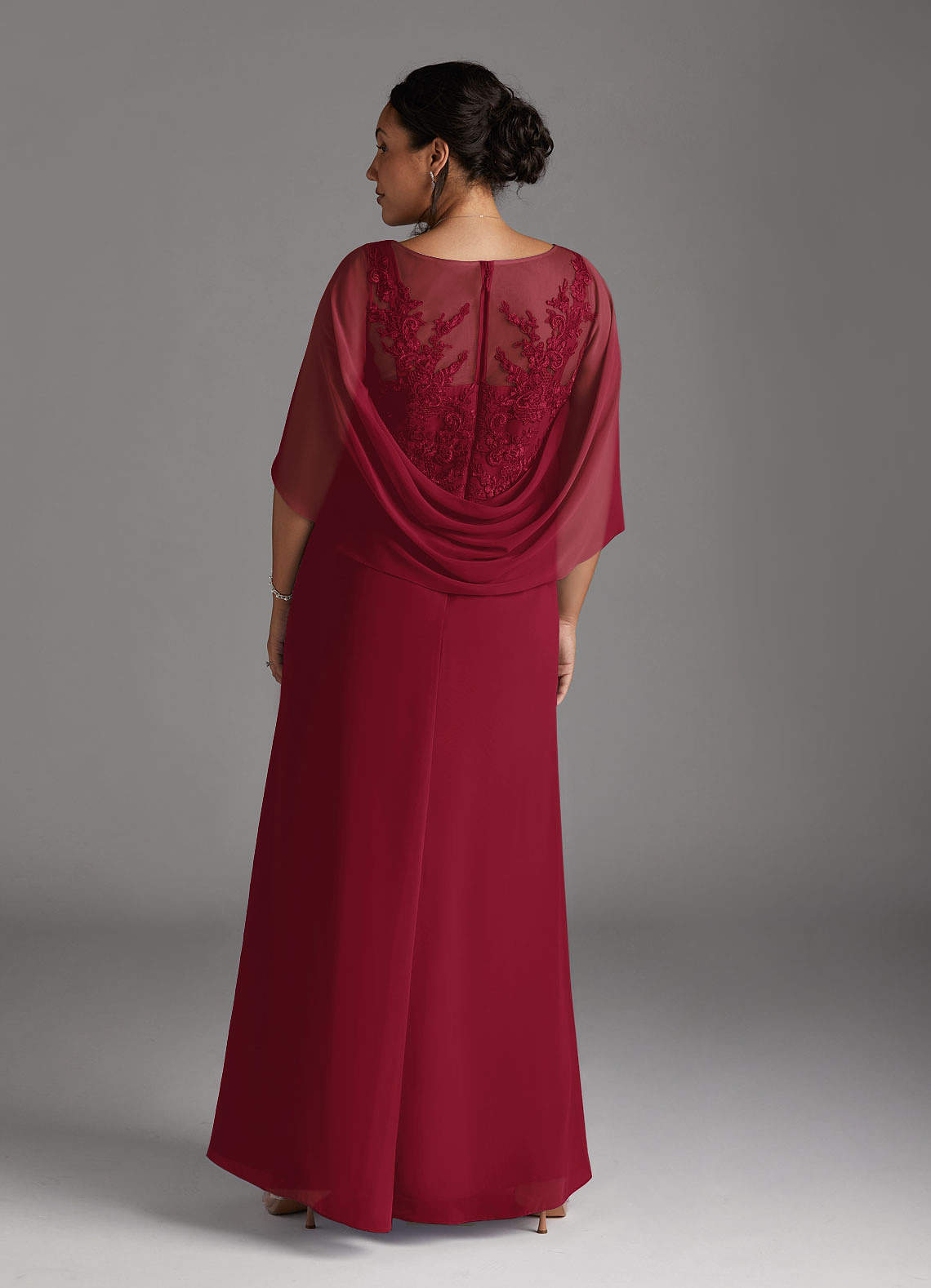 Azazie Hera Mother of the Bride Dresses Burgundy A-Line Lace Capelet Chiffon Dress image6