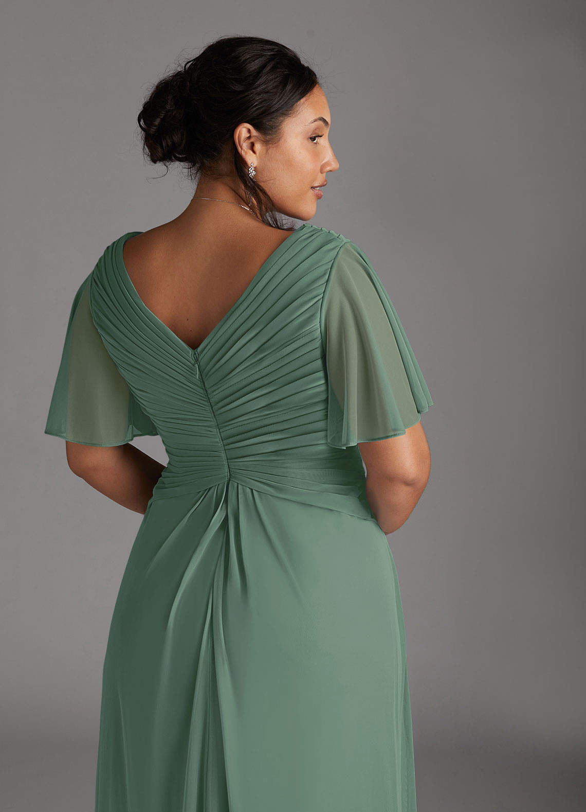 Azazie Emmeline Mother of the Bride Dresses Eucalyptus A-Line V-Neck Pleated Mesh Dress image10