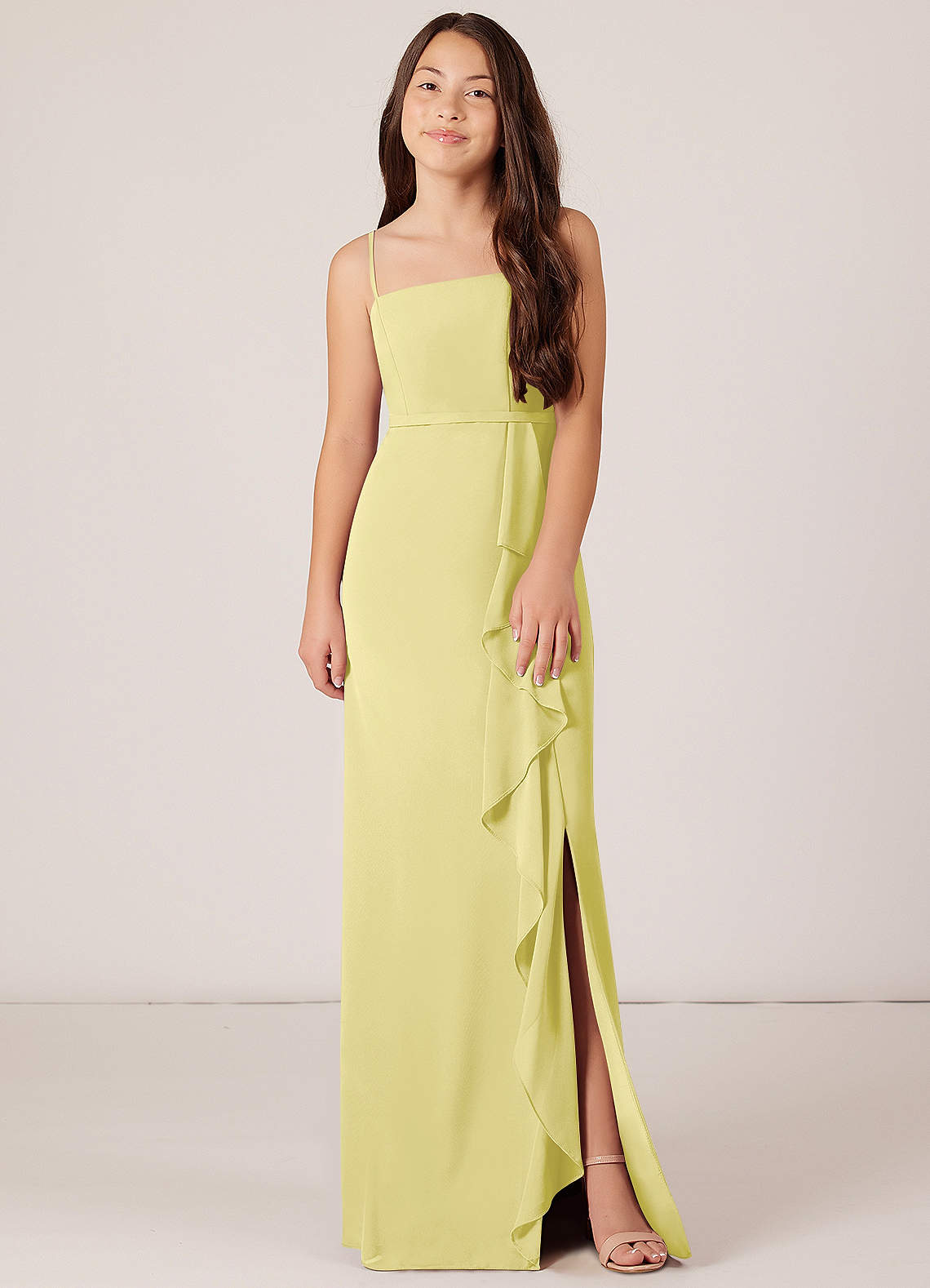 Azazie Kaylee Junior Lemon Sorbet A-Line with Belt Chiffon Dress image1