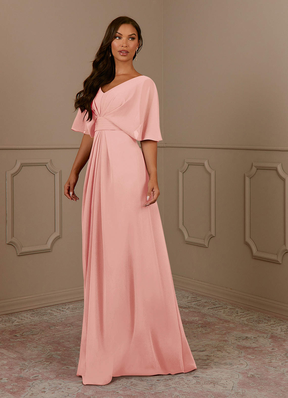 Azazie Oksana Rosette A-Line V-Neck Pleated Chiffon Dress | Azazie