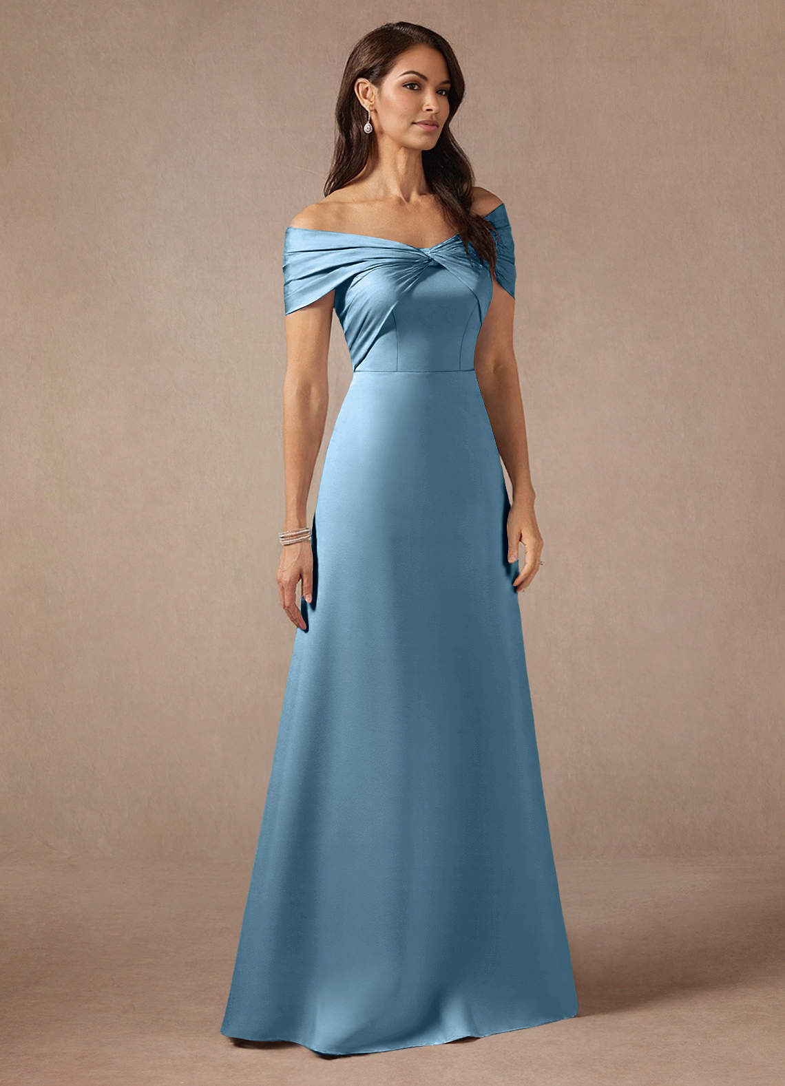 Azazie Amelia Mother of the Bride Dresses Steel Blue A-Line Off the Shoulder Stretch Satin Dress image3