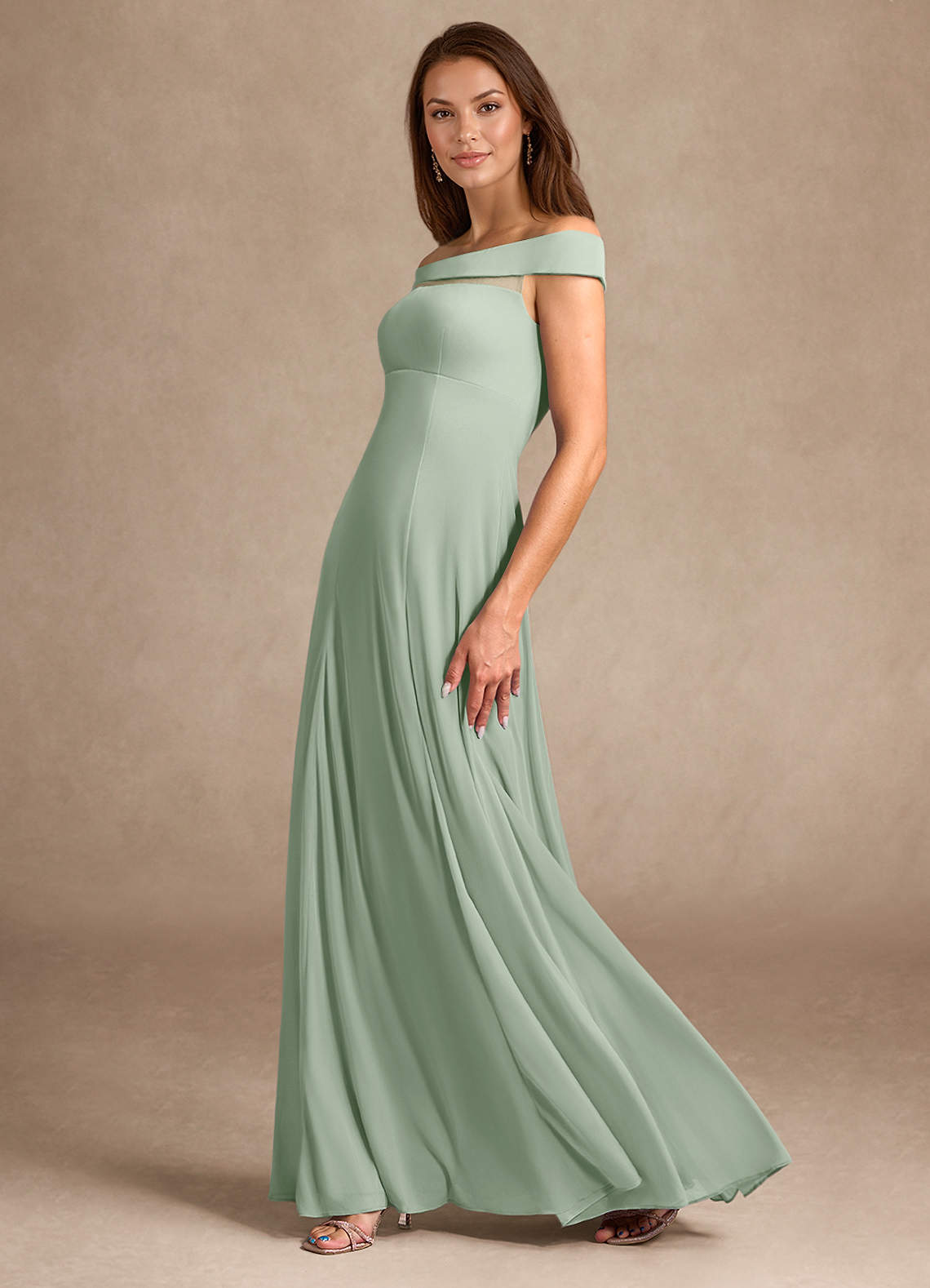 Azazie Ewa Mother of the Bride Dresses Dusty Sage A-Line Off the Shoulder Mesh Dress image1