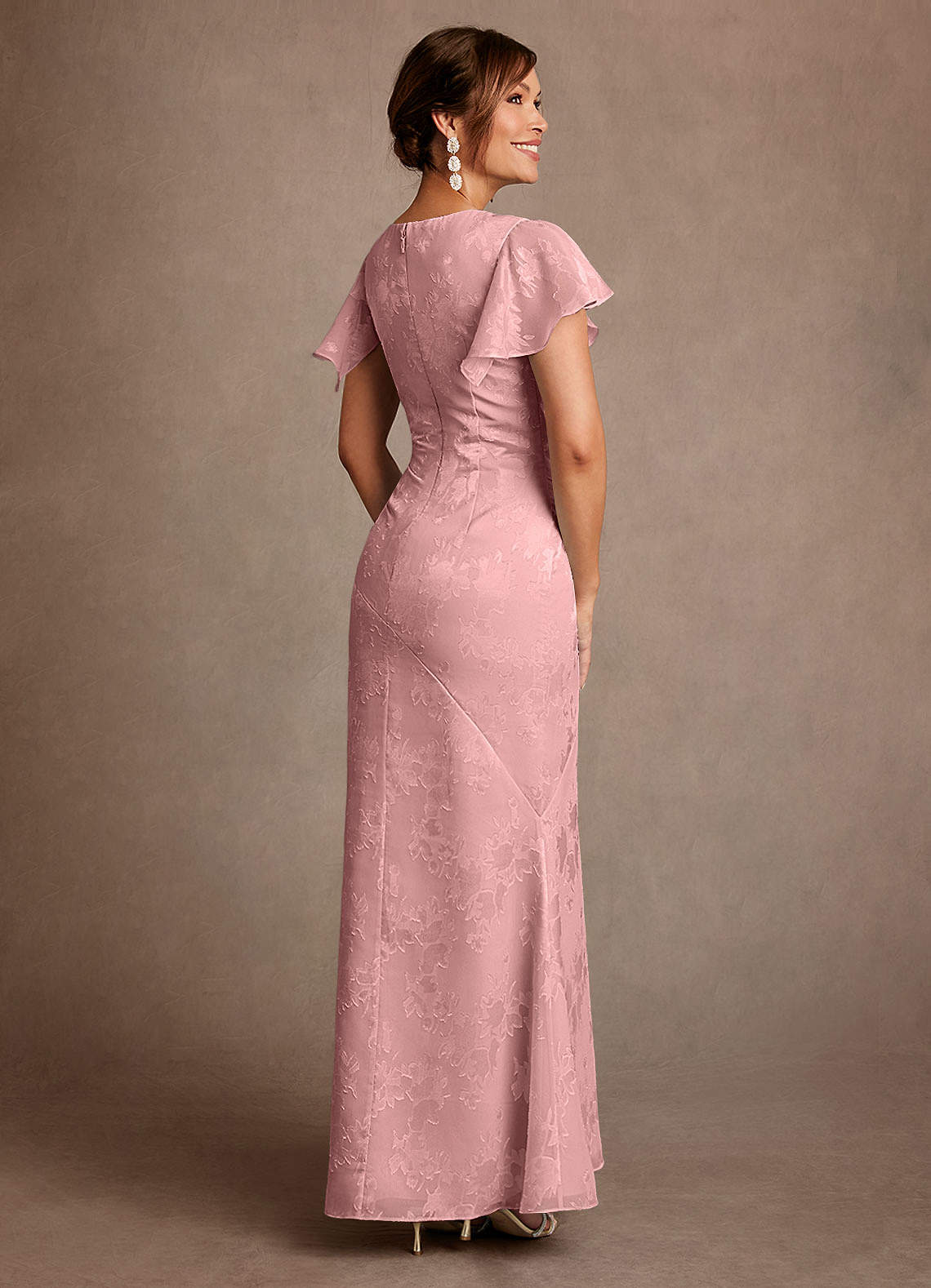 Azazie Dorina Final Sale Dusty Rose Sheath Pleated Floral Jacquard Dress image1