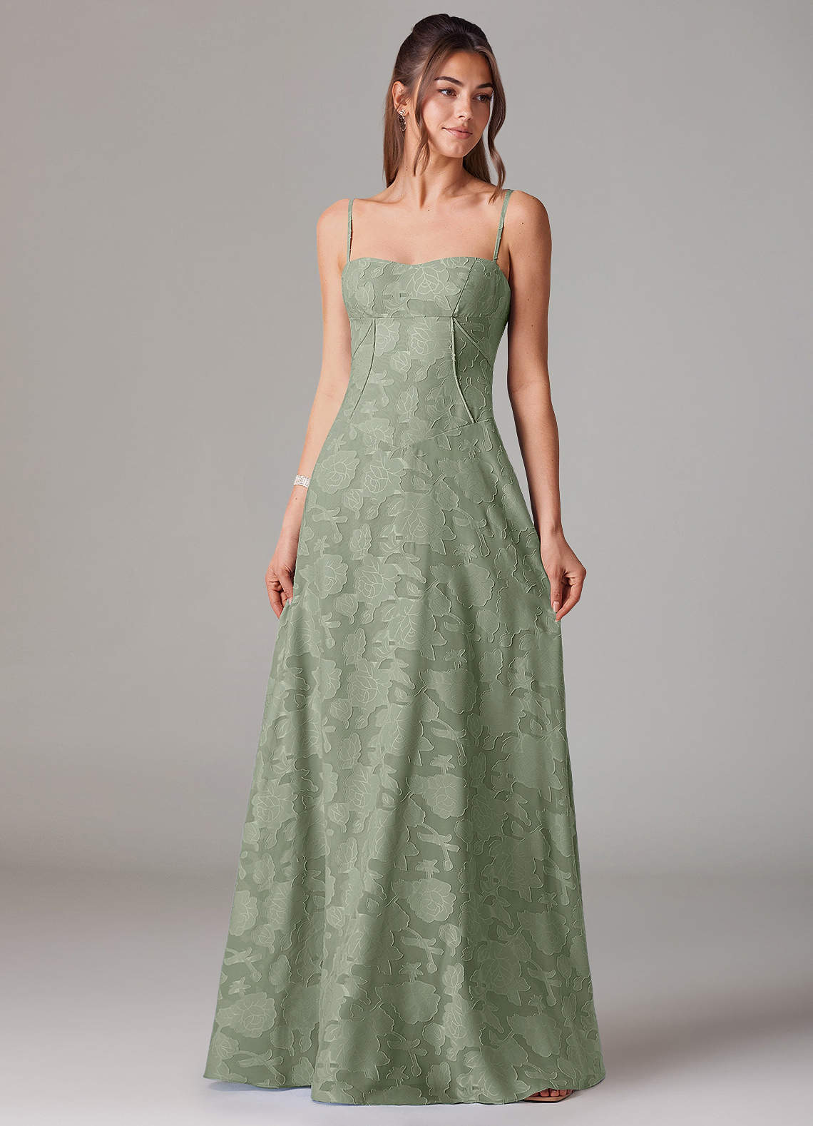 succulent bridesmaid dresses Zapaka Women Grey Green Printed Flower Bridesmaid Dress with Slit Square Neck Chiffon Wedding Guest Dress, Grey Green / US2 main image 1