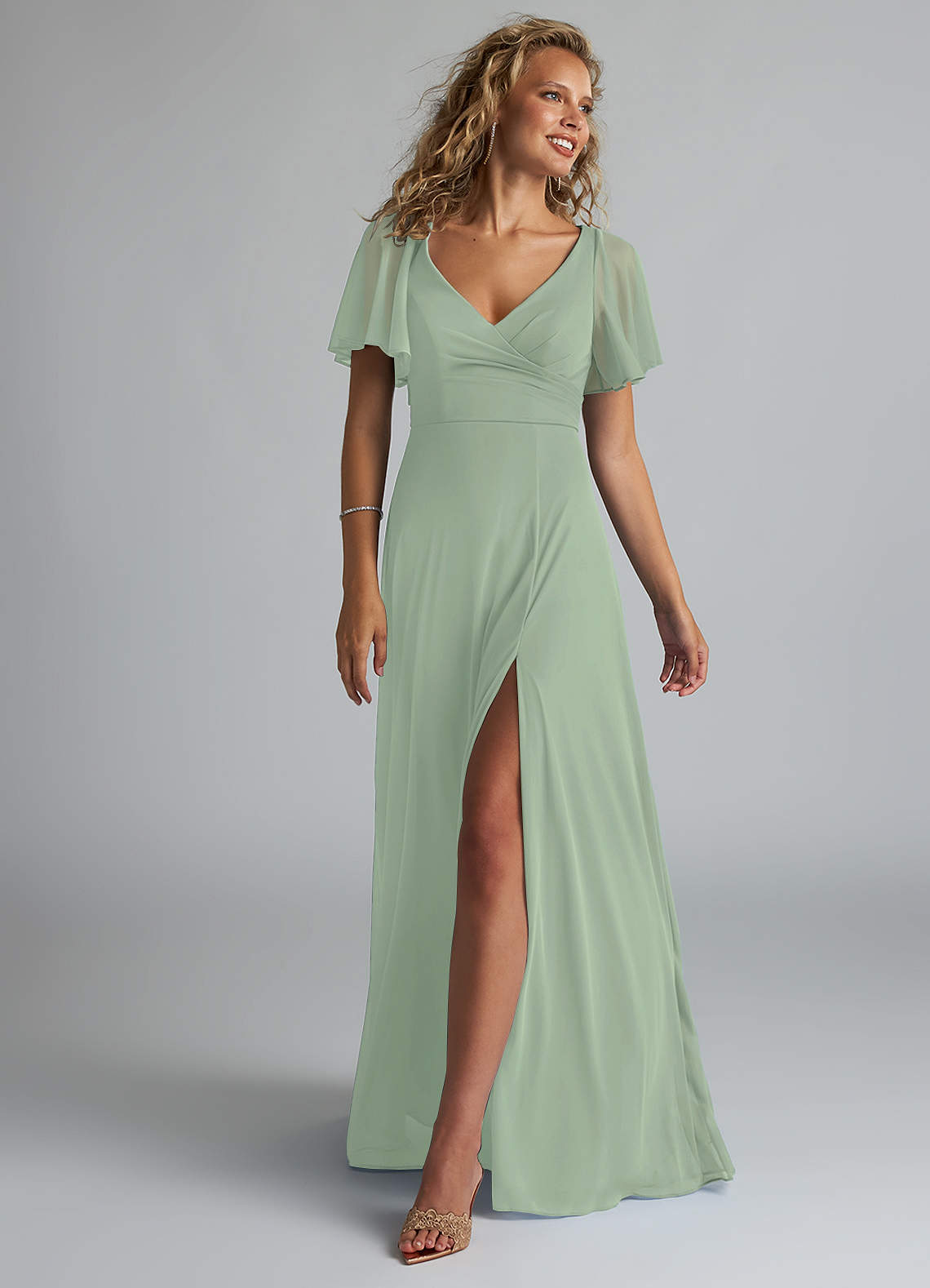 Azazie Induh Bridesmaid Dresses Dusty Sage A-Line Flutter V-neck Mesh Dress image1