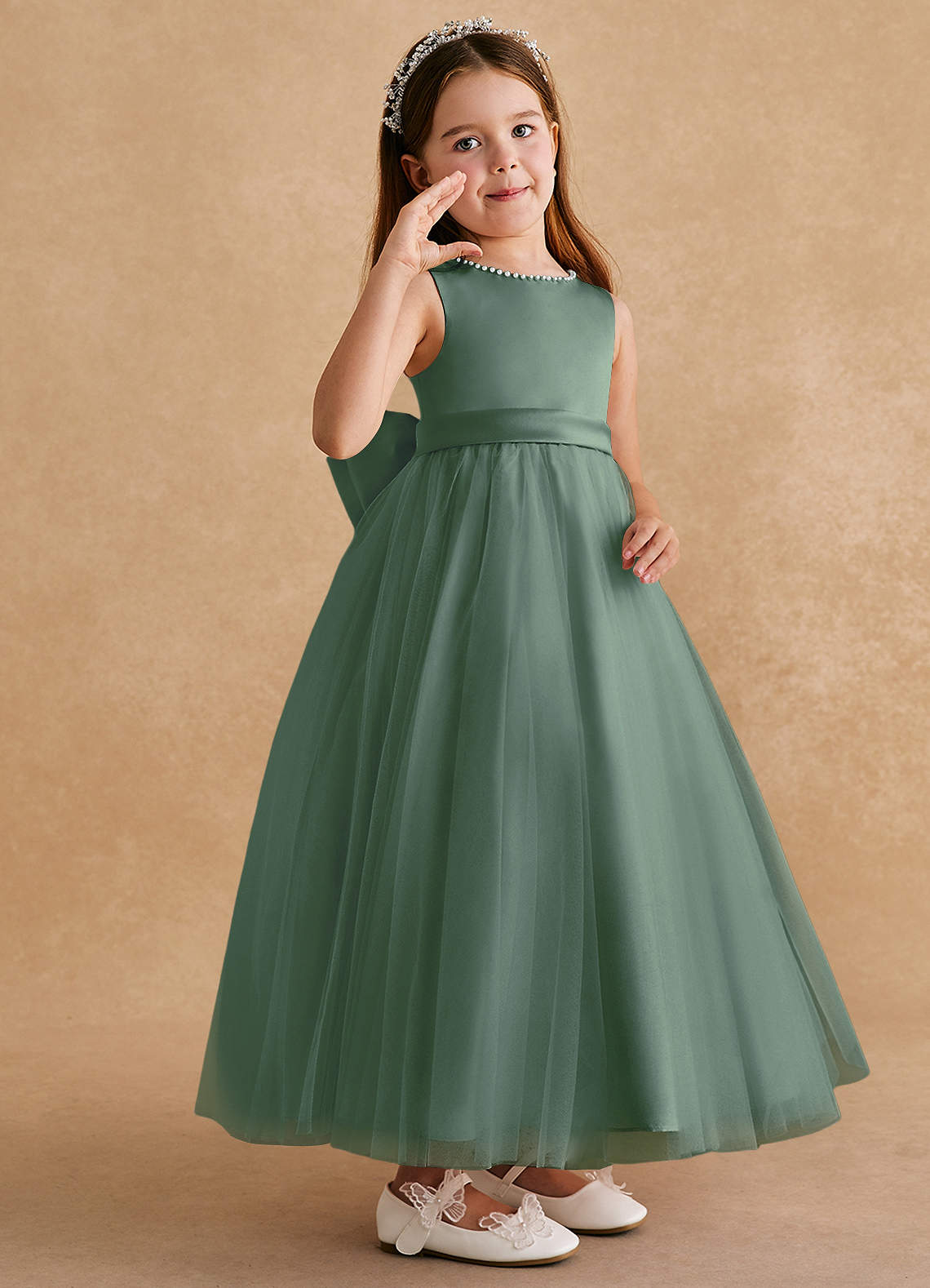 Azazie Cookie Flower Girl Dresses Eucalyptus A-Line Bow Tulle Dress image1