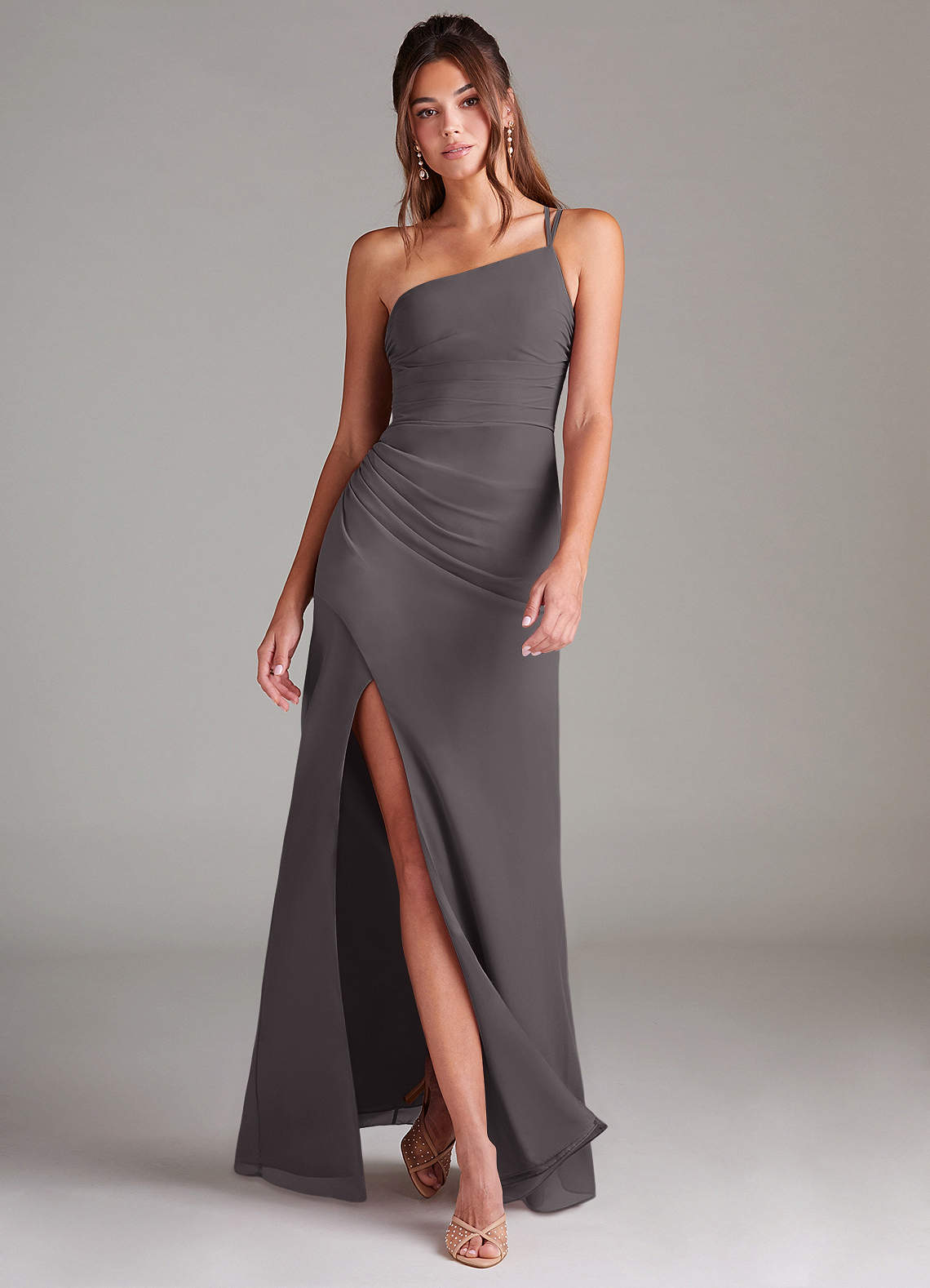 Azazie Eren Bridesmaid Dresses Steel Grey Sheath One Shoulder Chiffon Dress image1