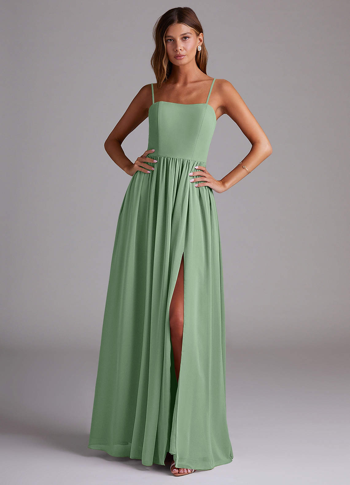 Azazie Calianna Bridesmaid Dresses Matcha A-Line Off the Shoulder Chiffon Convertible Dress image1