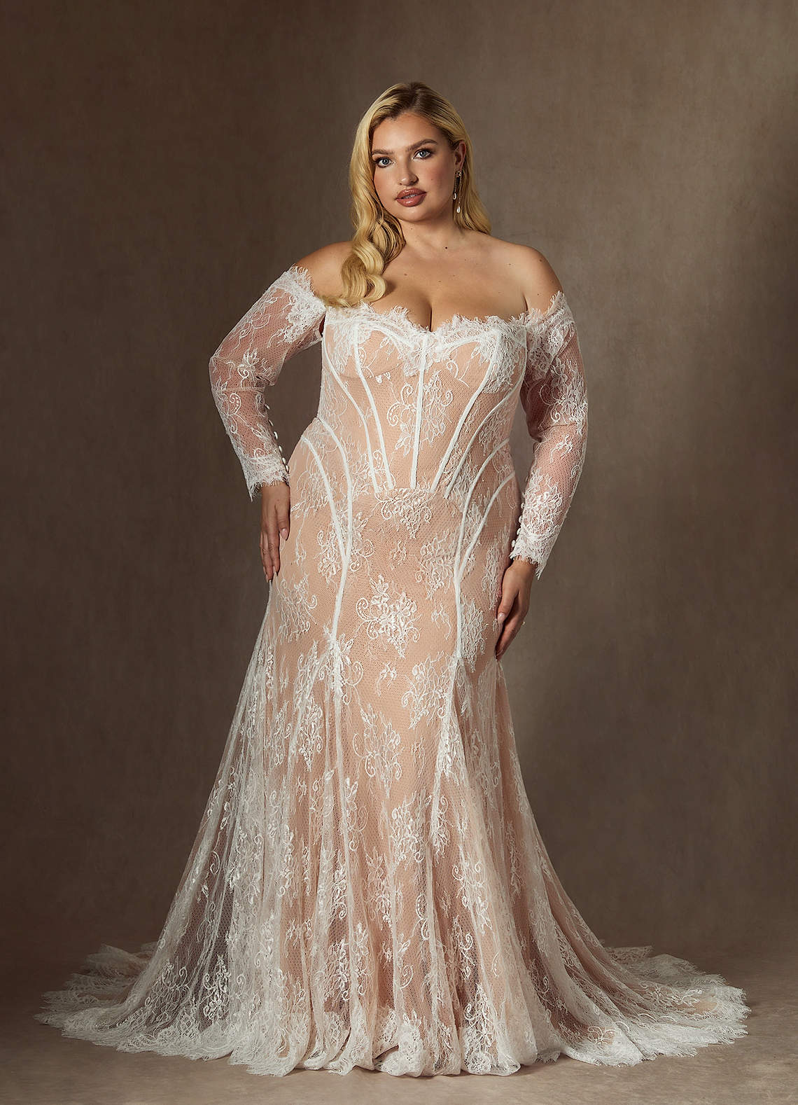 Azazie Katherine Wedding Dresses Diamond White Nude Mermaid Off the Shoulder Tulle Dress image7