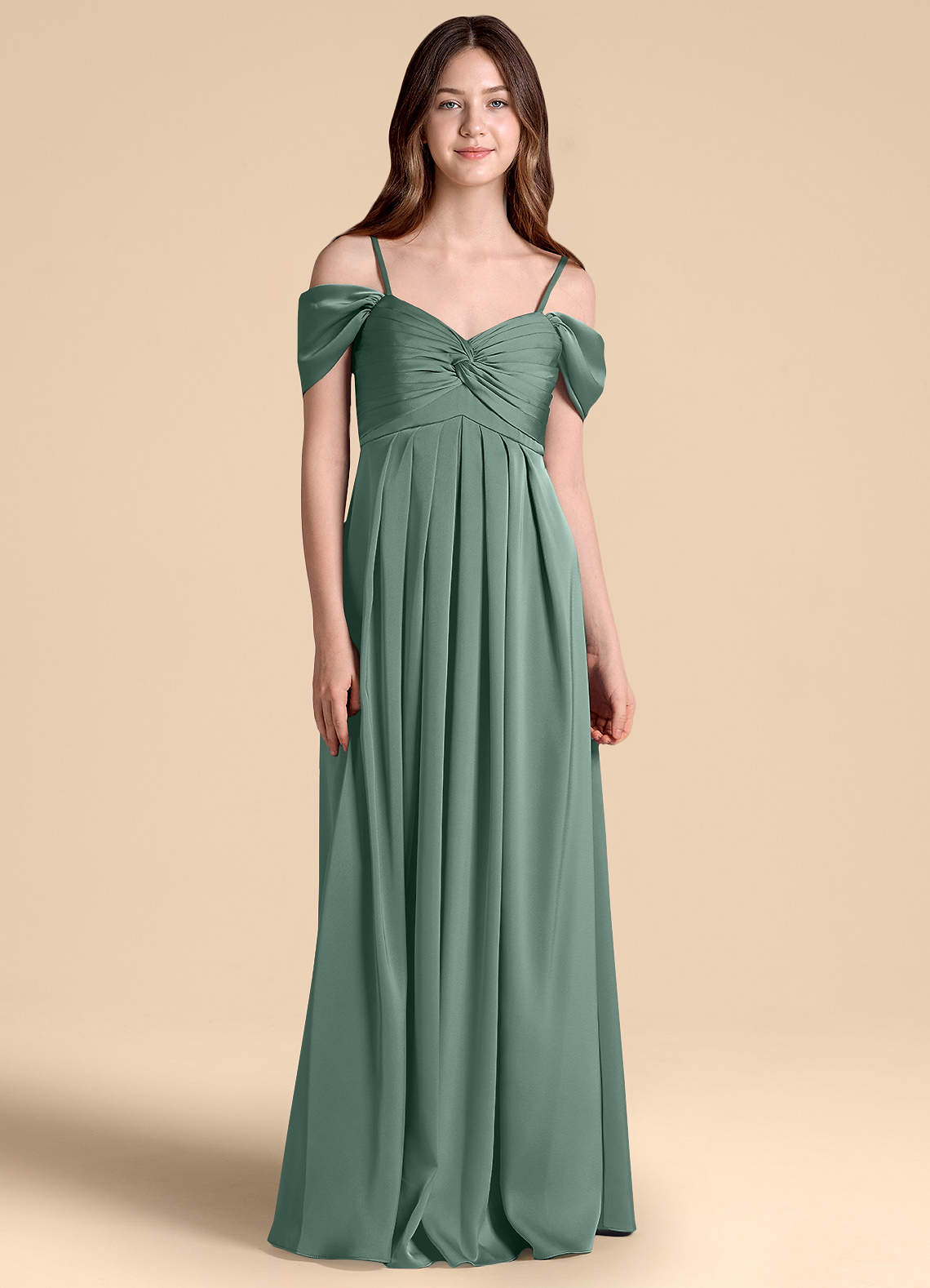 Azazie Kaitlynn Junior Eucalyptus A-Line Off the Shoulder Stretch Satin Dress image1